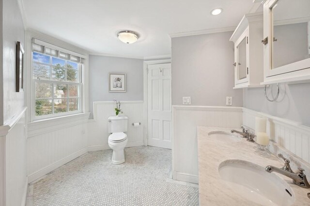 bathroom with a sink, toilet, wainscoting, and crown molding