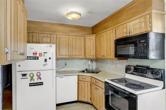 kitchen with light countertops, backsplash, light brown cabinetry, a sink, and white appliances