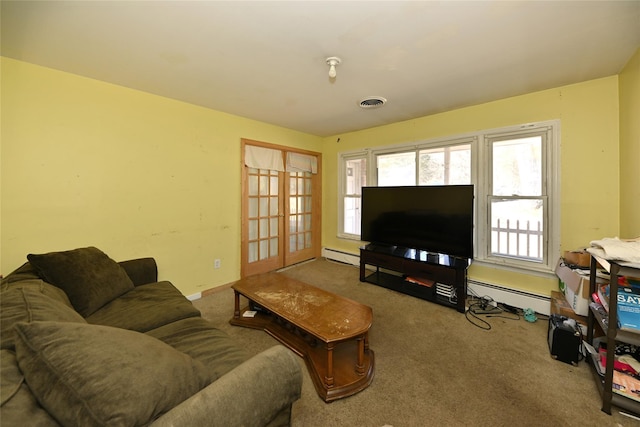 carpeted living area with a baseboard heating unit, french doors, visible vents, and baseboards