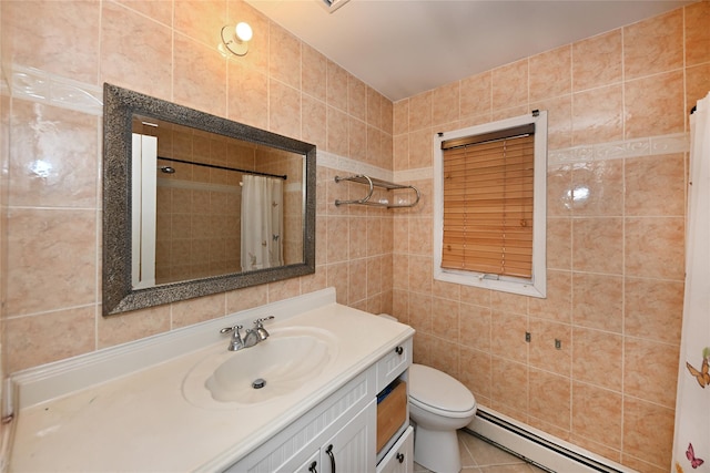 bathroom featuring tile walls, a shower with shower curtain, toilet, baseboard heating, and vanity