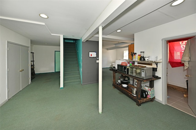 below grade area with stairway, carpet flooring, and recessed lighting