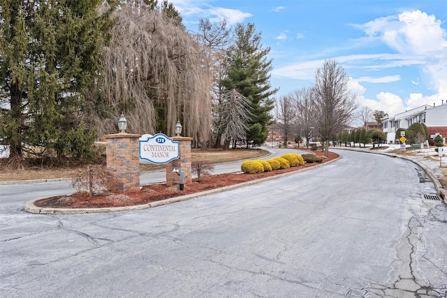 view of road featuring curbs, street lighting, and traffic signs