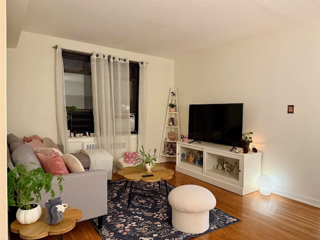 living room with baseboards and wood finished floors