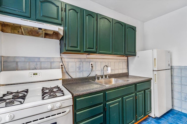 32-05 81st St Unit A3, Jackson Heights, NY 11370 - kitchen with white appliances, a sink, range hood, dark countertops, and green cabinetry