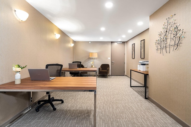 office area with carpet floors, recessed lighting, and baseboards