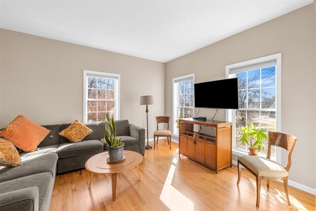 living room featuring a wealth of natural light, baseboards, and light wood finished floors