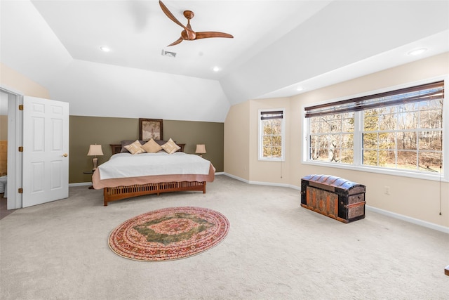 bedroom featuring lofted ceiling, carpet flooring, visible vents, and baseboards