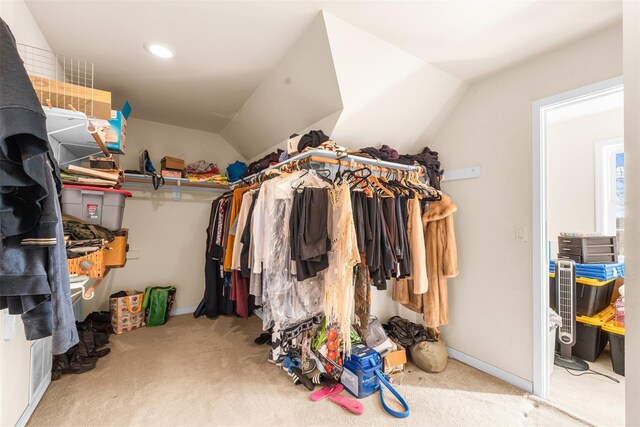 walk in closet featuring vaulted ceiling and carpet flooring