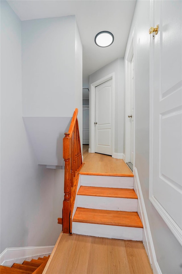 staircase with wood finished floors and baseboards