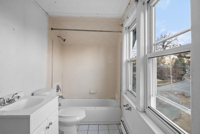 full bath with toilet, tile patterned floors,  shower combination, vanity, and a baseboard heating unit