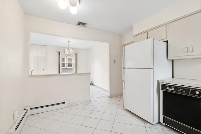 kitchen with visible vents, dishwasher, freestanding refrigerator, an inviting chandelier, and light countertops