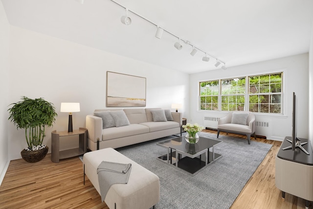 living room with radiator heating unit and light wood-style floors