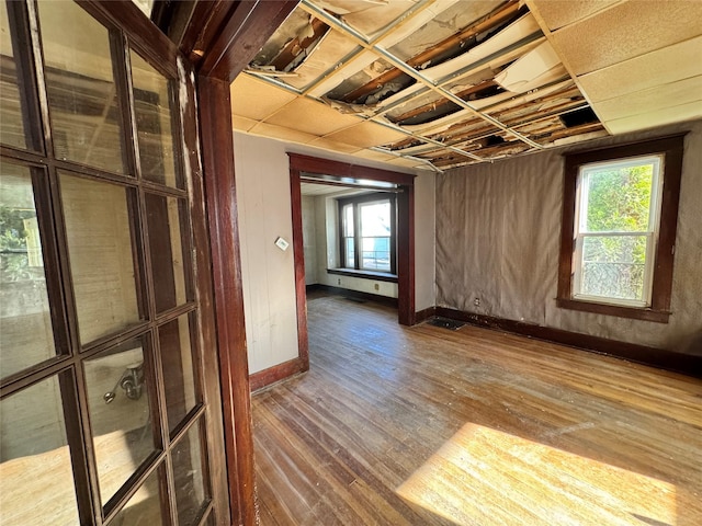 empty room featuring wood-type flooring, plenty of natural light, and baseboards