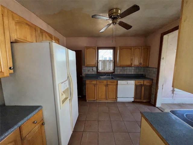 kitchen with dark countertops, white appliances, decorative backsplash, and a ceiling fan