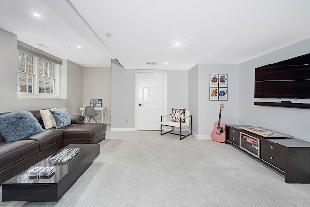 living room with recessed lighting, carpet flooring, visible vents, and baseboards