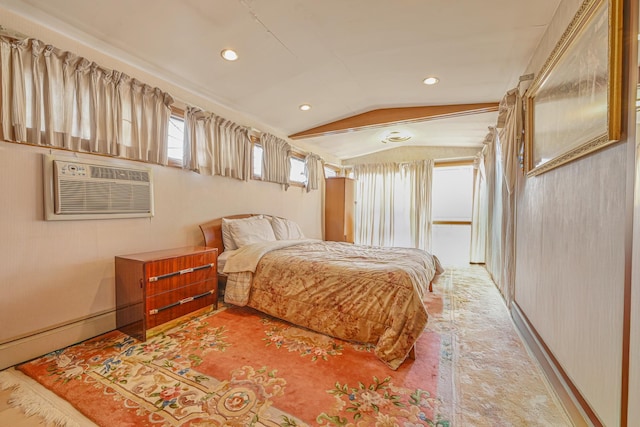 bedroom with lofted ceiling, a wall unit AC, baseboards, and recessed lighting