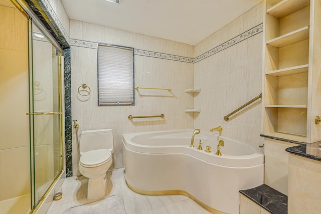 full bath with toilet, a stall shower, a bath, and tile patterned floors