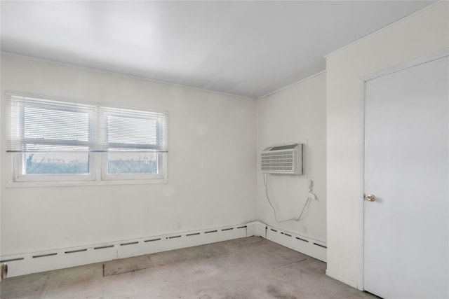 spare room with light carpet, a wall unit AC, and a baseboard radiator