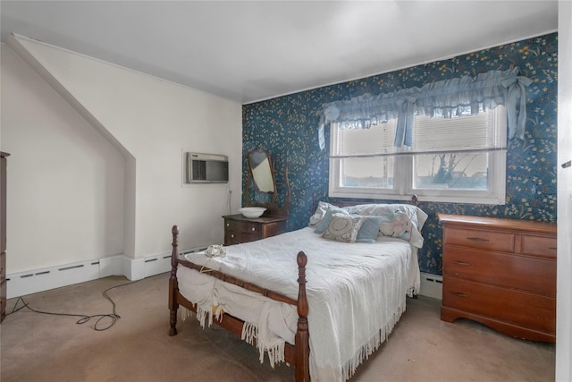 bedroom with a baseboard radiator, carpet, an AC wall unit, and wallpapered walls