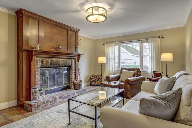 living room with baseboards, a fireplace, crown molding, and tile patterned flooring