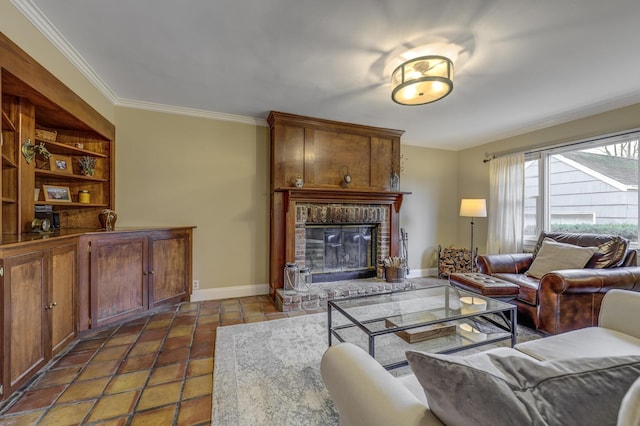 living room with baseboards, a fireplace, and crown molding