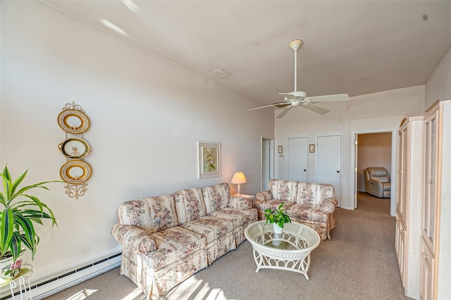 living room featuring a ceiling fan, lofted ceiling, carpet flooring, and baseboard heating