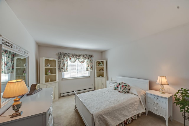 bedroom featuring light carpet and a baseboard radiator