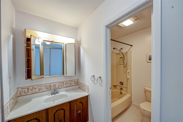 bathroom with washtub / shower combination, tile patterned flooring, vanity, and toilet