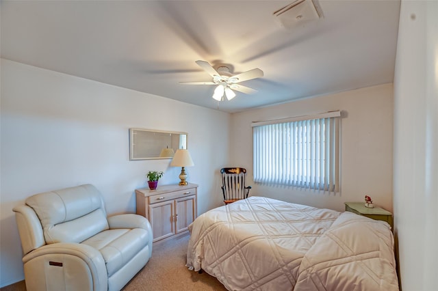 bedroom featuring carpet, visible vents, and ceiling fan