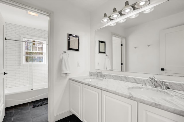 12 Bob White Dr, Water Mill, NY 11976 - bathroom with double vanity, tile patterned flooring, a sink, and shower / bathing tub combination
