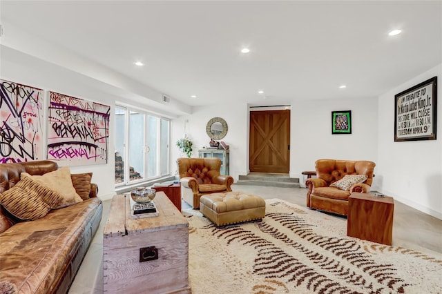 12 Bob White Dr, Water Mill, NY 11976 - living room featuring recessed lighting, visible vents, baseboards, and a barn door