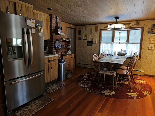 dining space featuring wallpapered walls, baseboards, wooden ceiling, dark wood-style floors, and baseboard heating