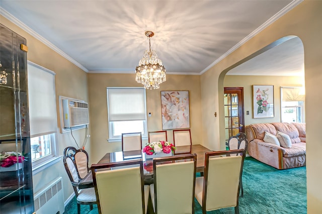 carpeted dining space with arched walkways, a notable chandelier, radiator, a wall mounted air conditioner, and crown molding