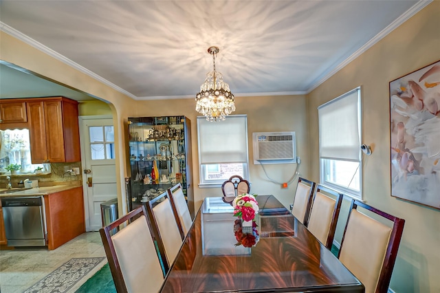 dining area with ornamental molding, arched walkways, and a wall mounted air conditioner