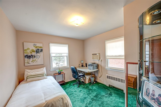 bedroom with baseboards, dark carpet, a wall unit AC, and radiator