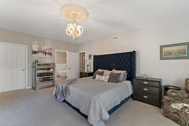 bedroom featuring light carpet, visible vents, and a chandelier