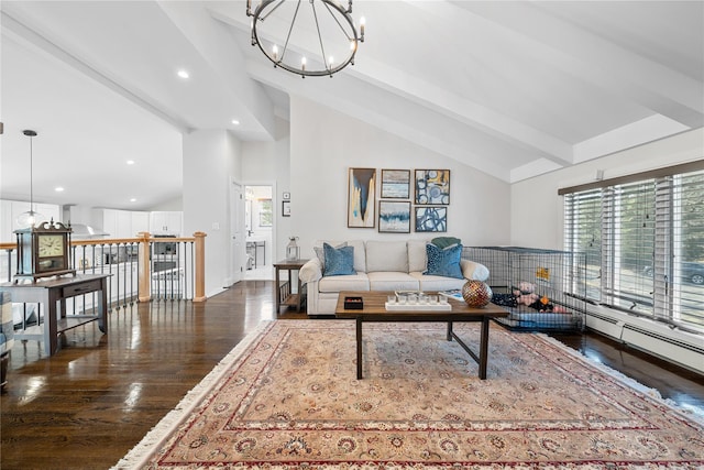 living room featuring beam ceiling, a notable chandelier, recessed lighting, wood finished floors, and high vaulted ceiling