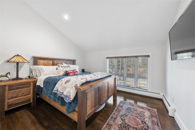 bedroom with vaulted ceiling, a baseboard radiator, wood finished floors, and baseboards