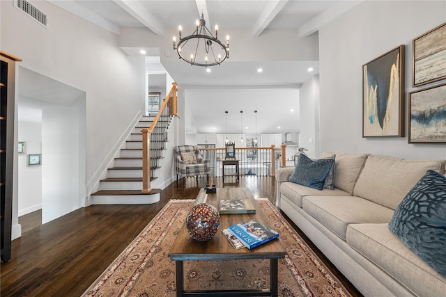 living room with beam ceiling, recessed lighting, visible vents, wood finished floors, and baseboards