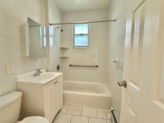 bathroom featuring bathtub / shower combination, toilet, vanity, marble finish floor, and baseboard heating