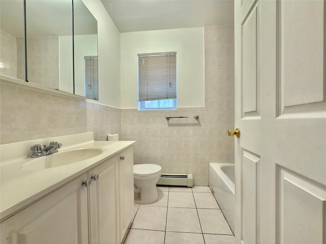 bathroom with a tub to relax in, tile patterned flooring, toilet, a baseboard heating unit, and tile walls