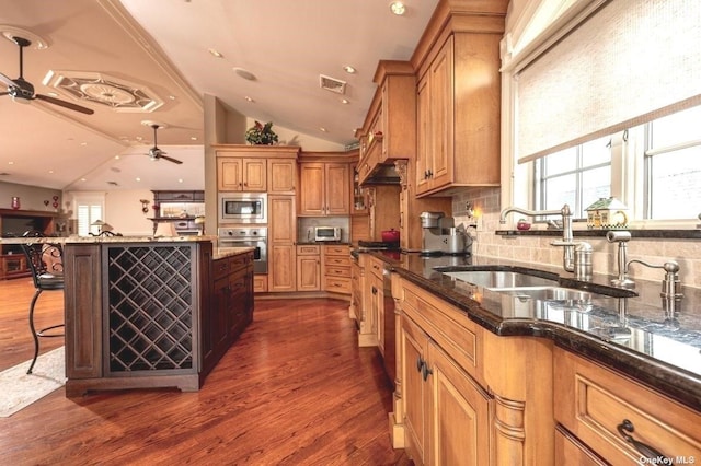 kitchen featuring stainless steel appliances, vaulted ceiling, dark wood-type flooring, and a sink