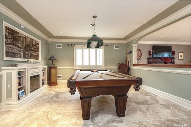 game room featuring baseboards, arched walkways, visible vents, and crown molding