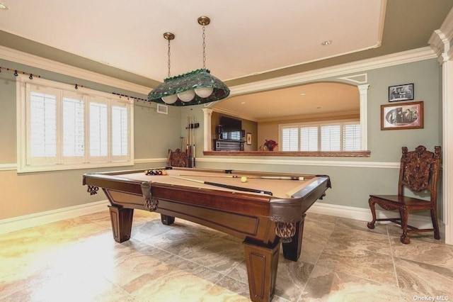 playroom with ornate columns, baseboards, ornamental molding, and pool table