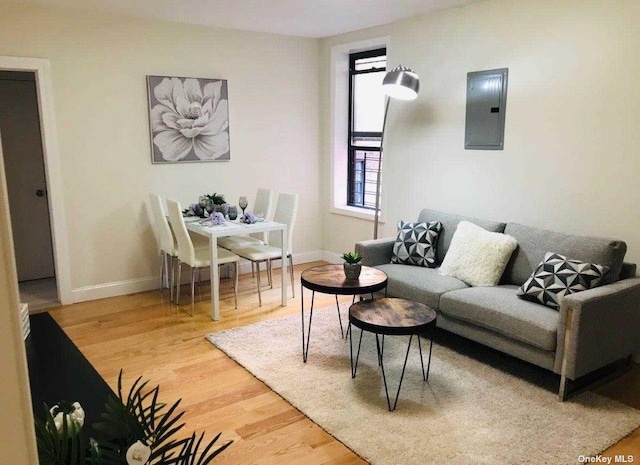 living area with baseboards, electric panel, and light wood finished floors