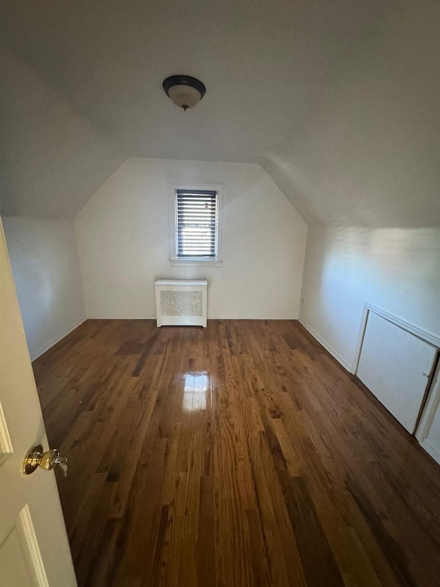 additional living space with dark wood-style floors, vaulted ceiling, and radiator