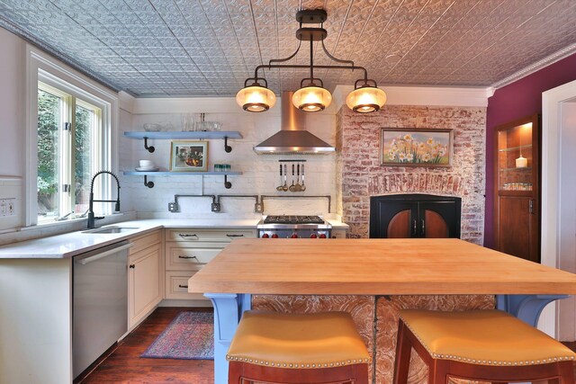 20 Stevenson St, Piermont, NY 10968 - kitchen with stainless steel dishwasher, wall chimney exhaust hood, an ornate ceiling, dark wood-style flooring, and a sink