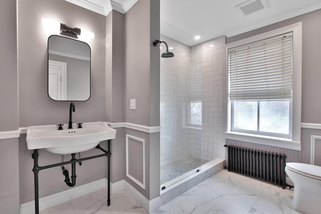 20 Stevenson St, Piermont, NY 10968 - bathroom featuring radiator, marble look tiles, toilet, a tile shower, and baseboards