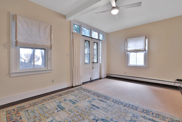 20 Stevenson St, Piermont, NY 10968 - entrance foyer with ceiling fan, a baseboard heating unit, baseboards, and beam ceiling