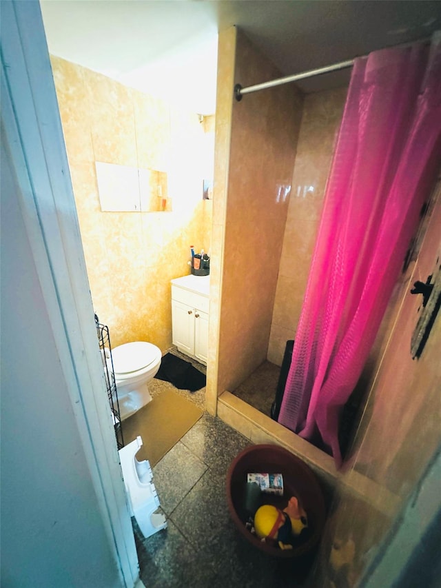 full bathroom with a stall shower, vanity, and toilet